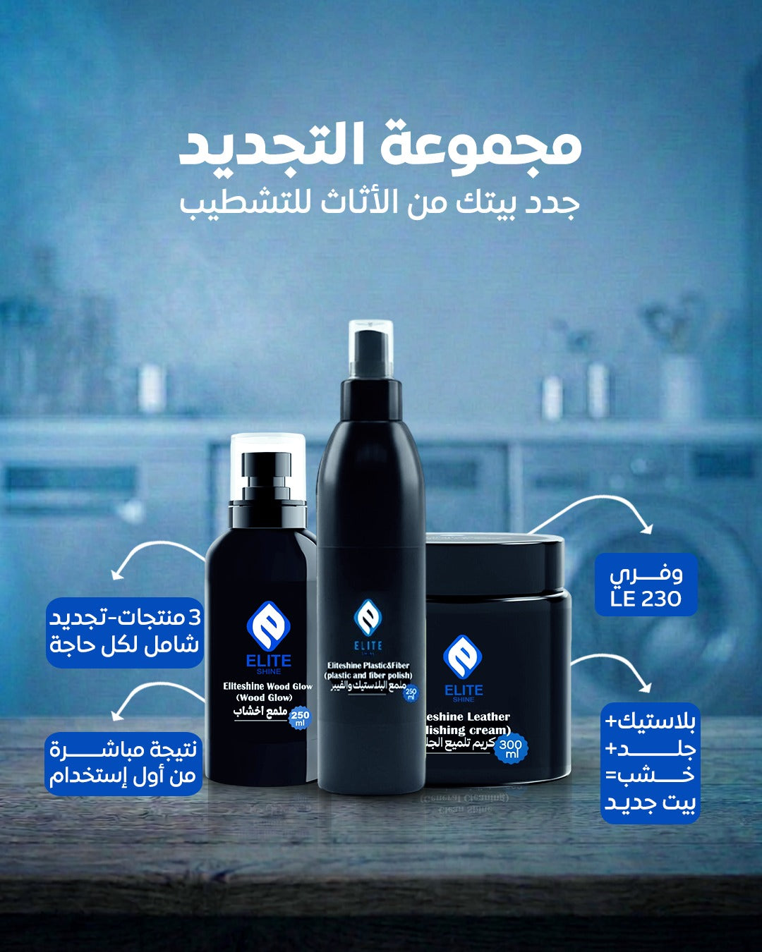 مجموعة التجديد (ملمع البلاستيك+ كريم تلميع الجلود + ملمع الأخشاب.)